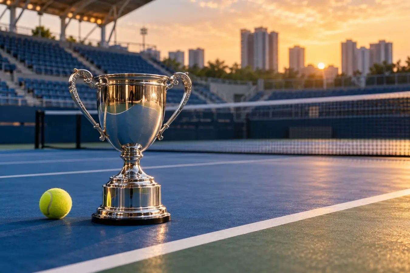 AI-generated illustration of a tennis court and trophy; not the actual Chengdu Open final
