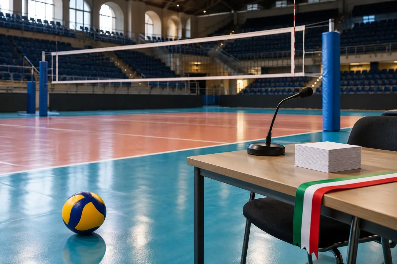 AI-generated illustration of a volleyball court and election table; not the actual Lega Volley Femminile assembly
