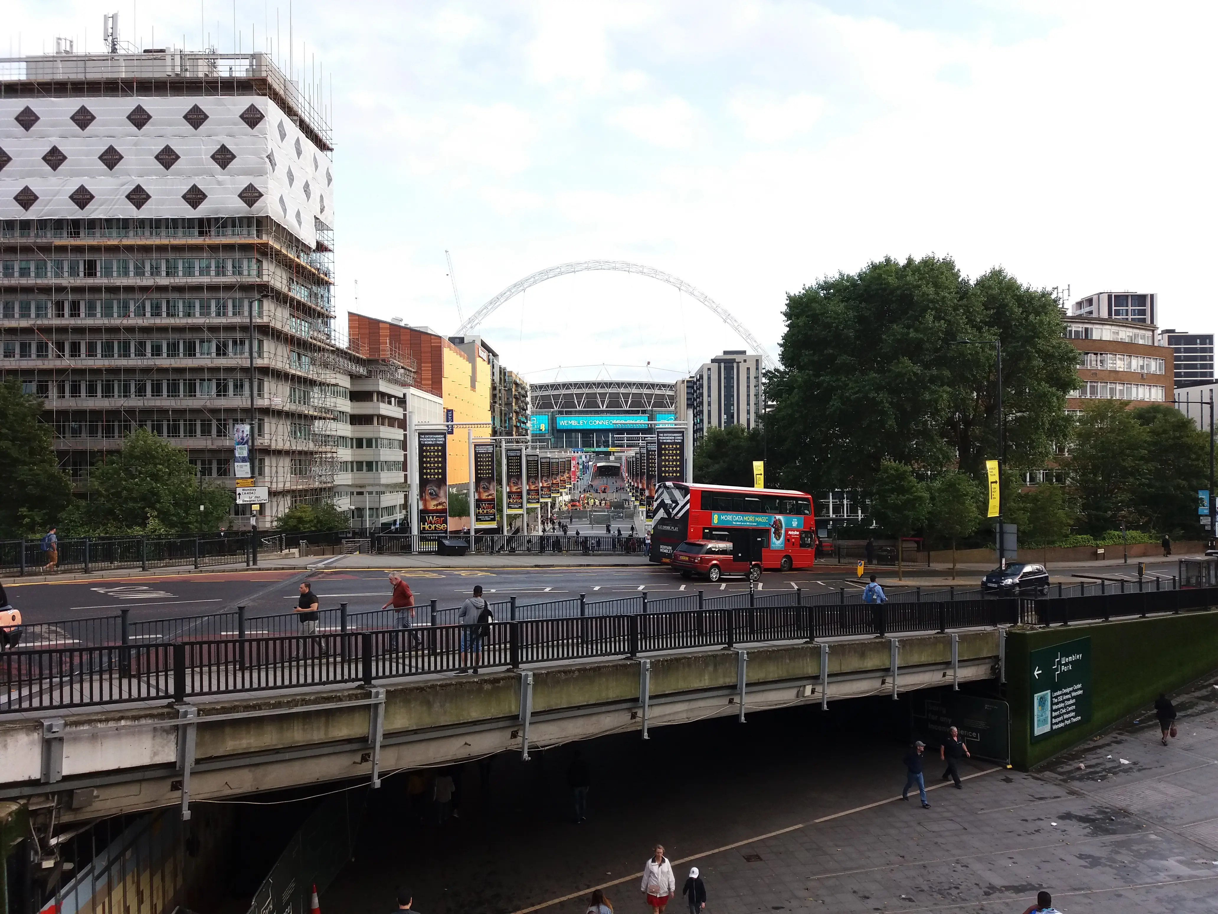 Archive exterior view of Wembley Stadium from Olympic Way