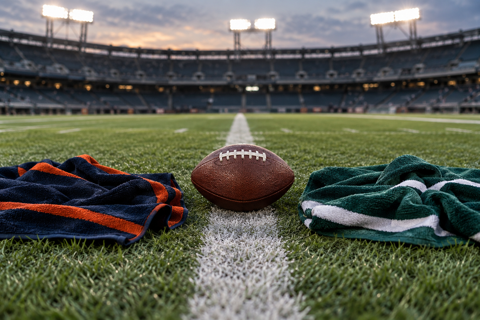 AI-generated editorial illustration of American football equipment in Bears and Eagles colours; not the match