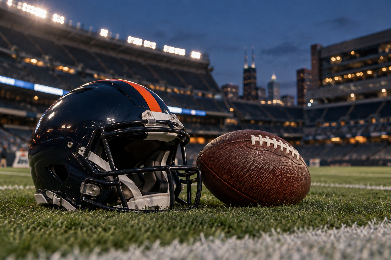 AI-generated editorial illustration of a Chicago-style football helmet and ball at a stadium sideline; not the Bears–Eagles game