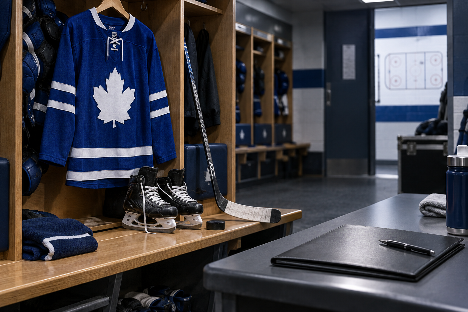 AI-generated editorial illustration of a Toronto-coloured hockey jersey and contract folder; not Kirill Marchenko or an actual signing