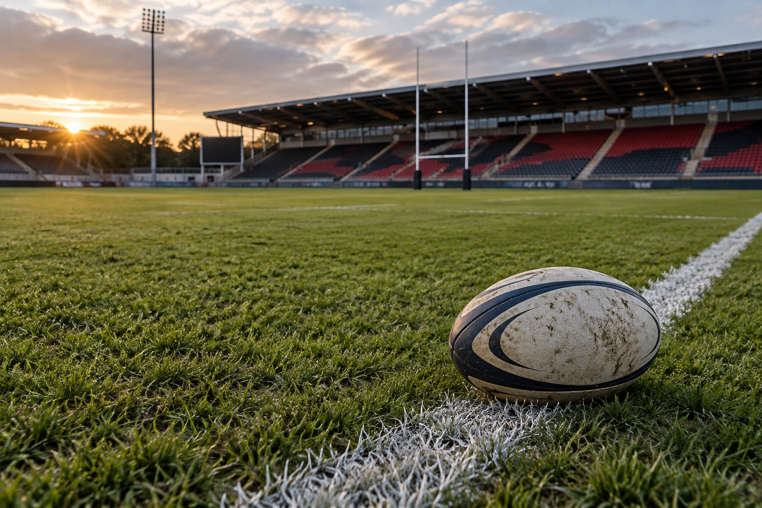 AI-generated editorial illustration of a rugby ball on an empty touchline; not the Saracens match