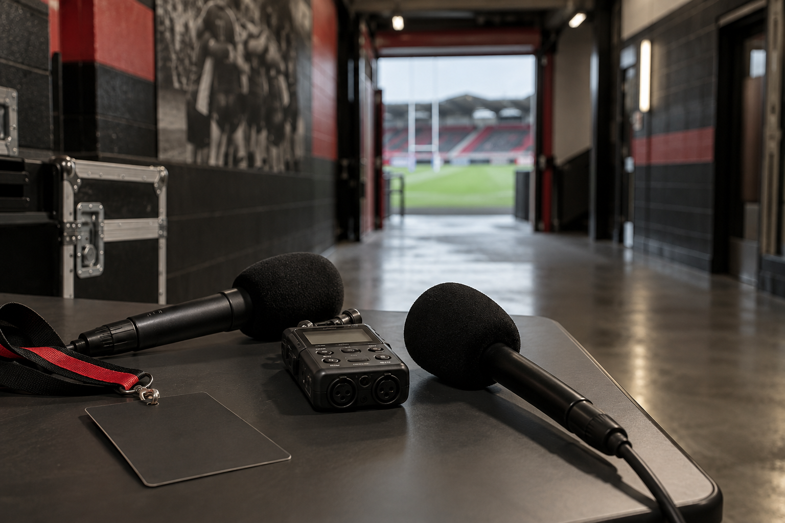 AI-generated editorial illustration of media equipment at a rugby ground; not the actual press area