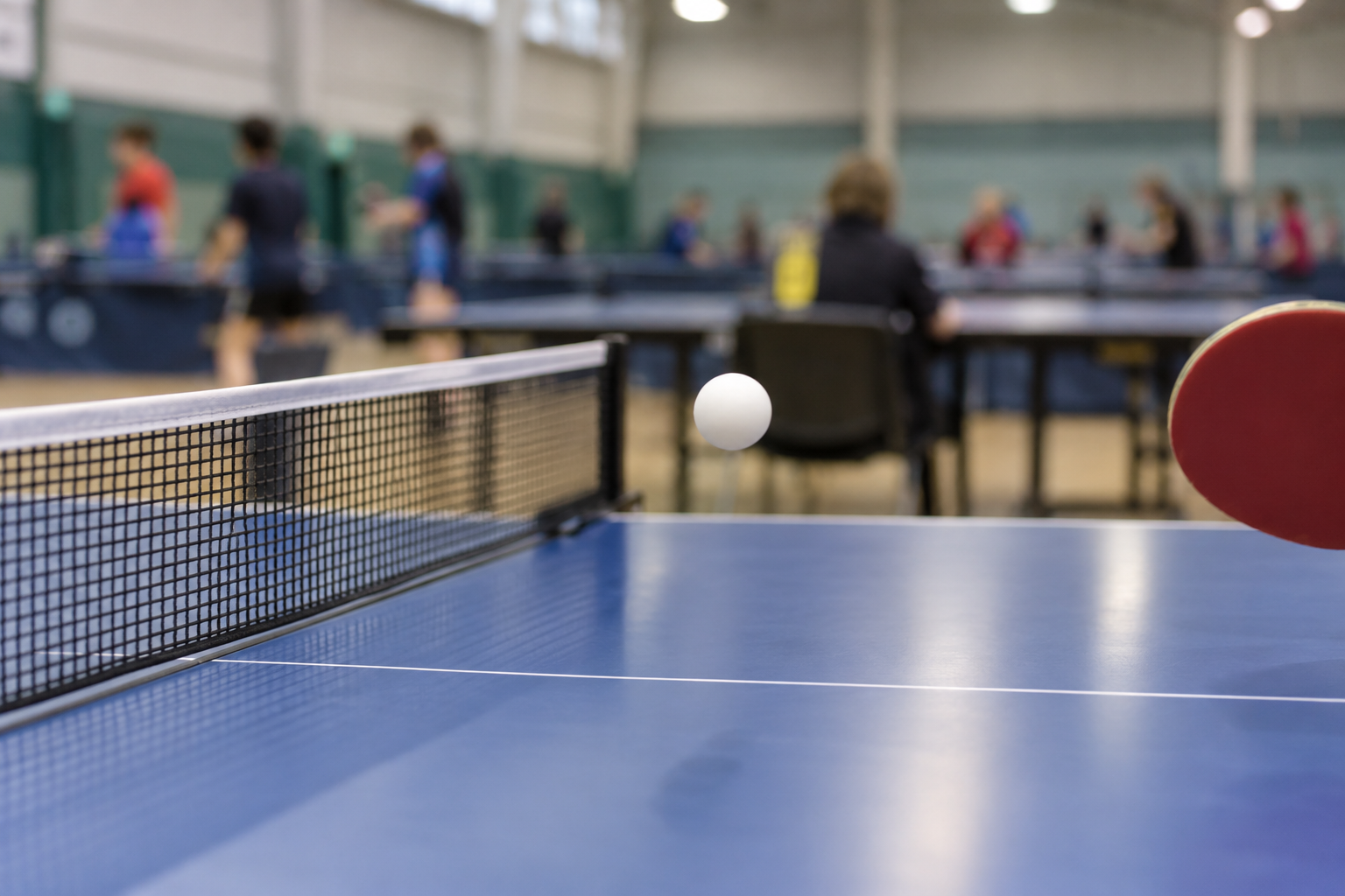 AI-generated editorial illustration of a table tennis ball and net; not the Cleveland Junior 4* event