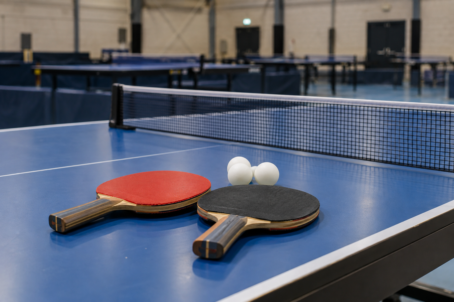 AI-generated editorial illustration of bats and balls in a table tennis hall; not the named junior players