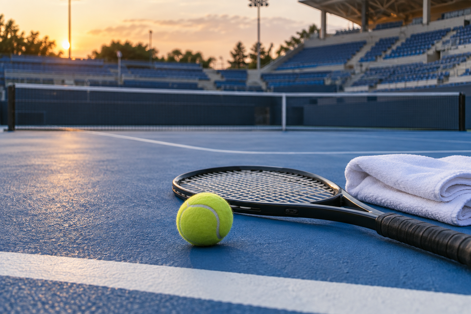 AI-generated editorial illustration of racket and ball on a blue hard court; not the Chengdu Open final