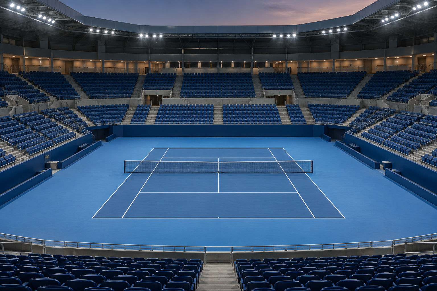 AI-generated editorial illustration of an empty professional tennis court; not the actual Chengdu venue
