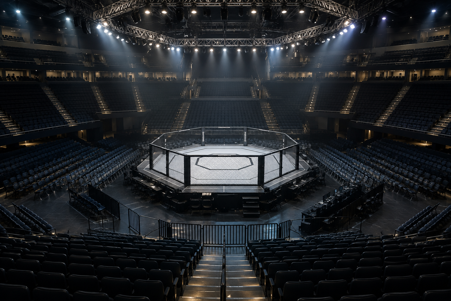AI-generated editorial illustration of an empty MMA arena; not ABHA Arena or the scheduled bout