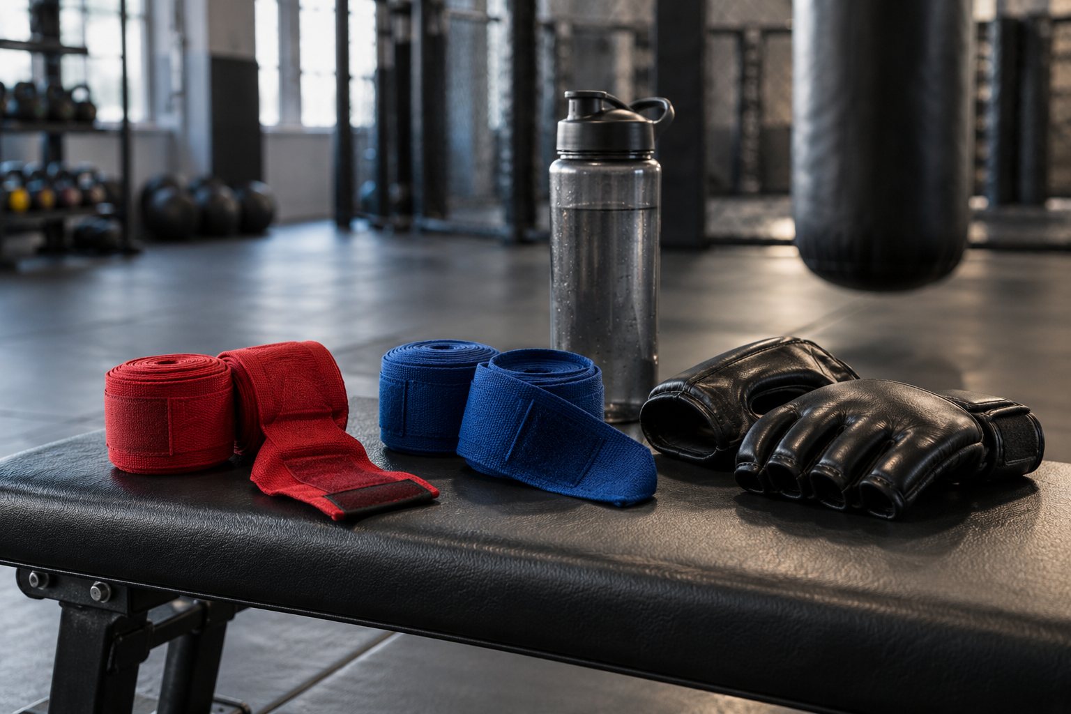 AI-generated editorial illustration of MMA training equipment; not Jiří Procházka or Navajo Stirling