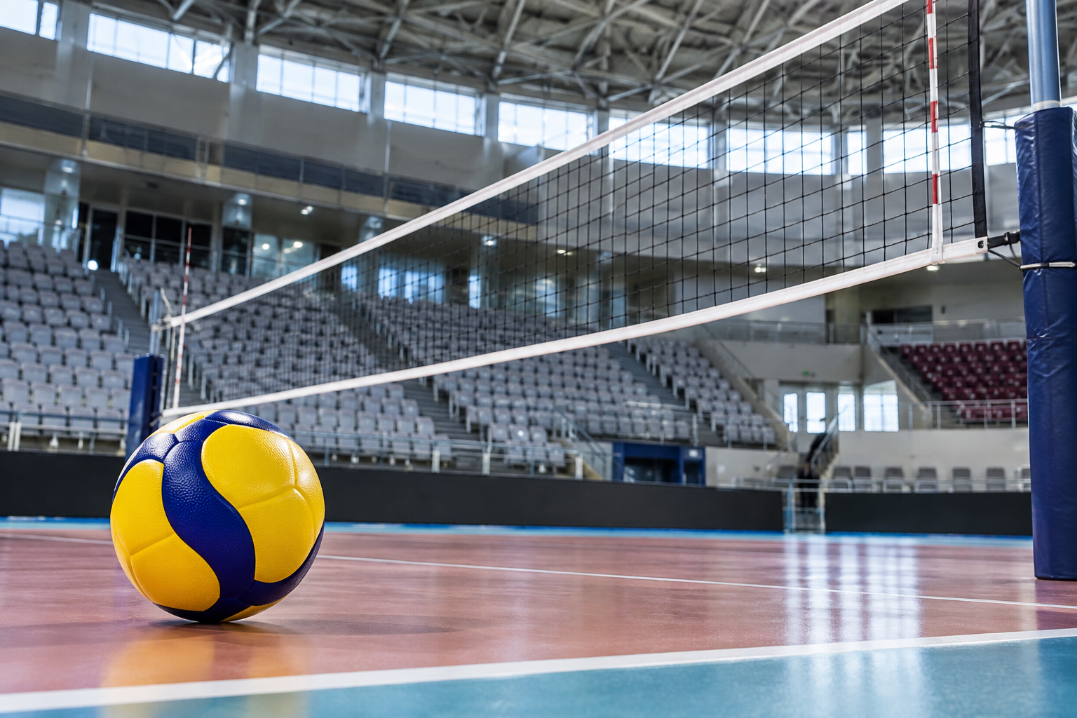 AI-generated editorial illustration of a volleyball by an empty court net; not a league match