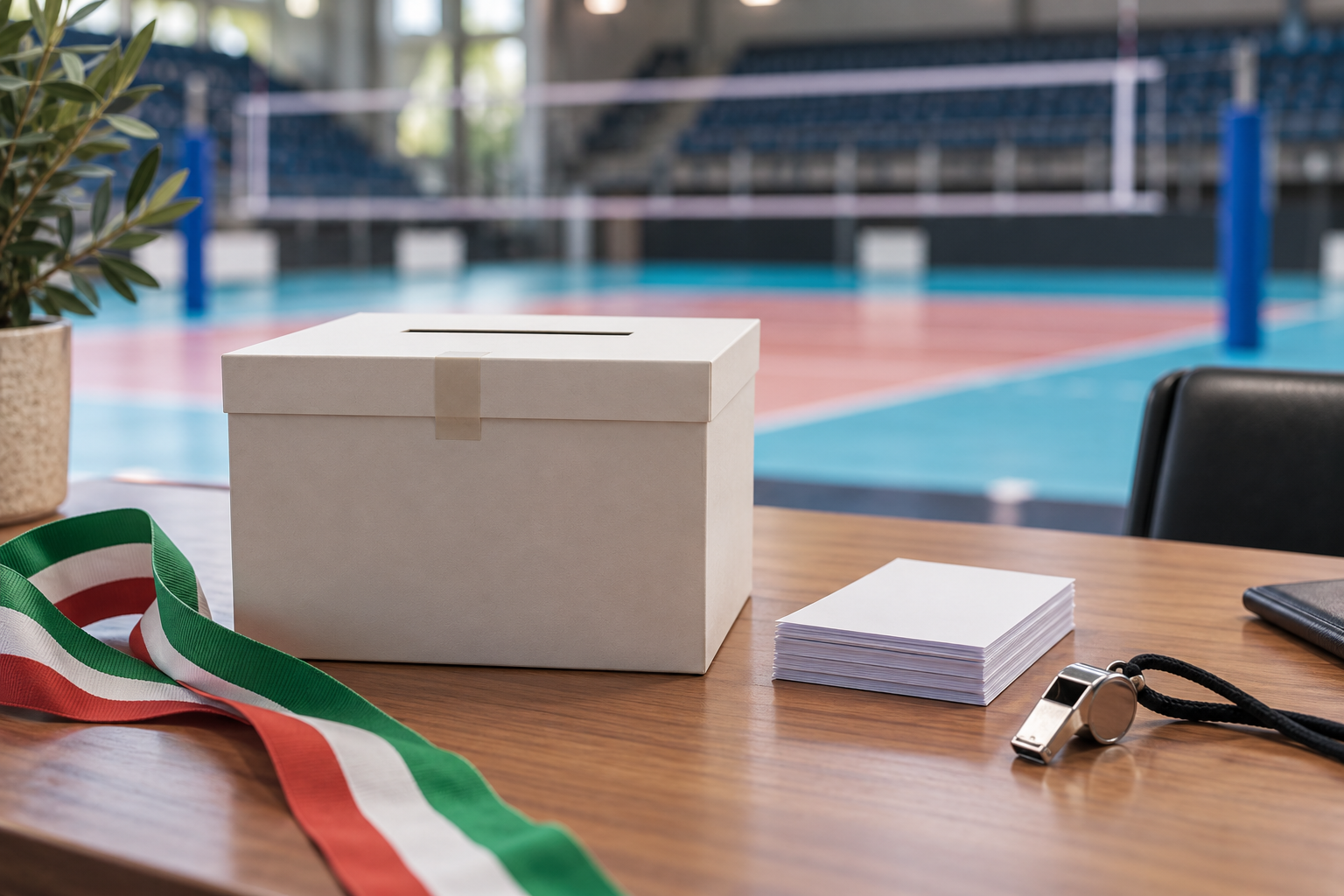 AI-generated editorial illustration of a ballot box beside a volleyball court; not the actual league election