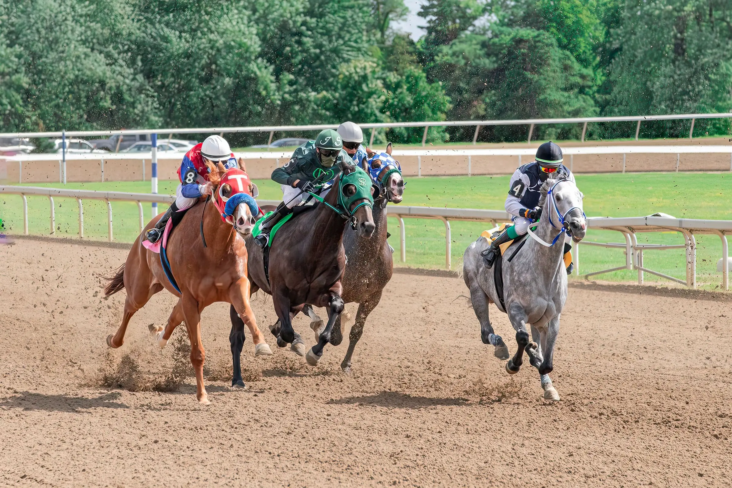 Racehorses and jockeys on a dirt track
