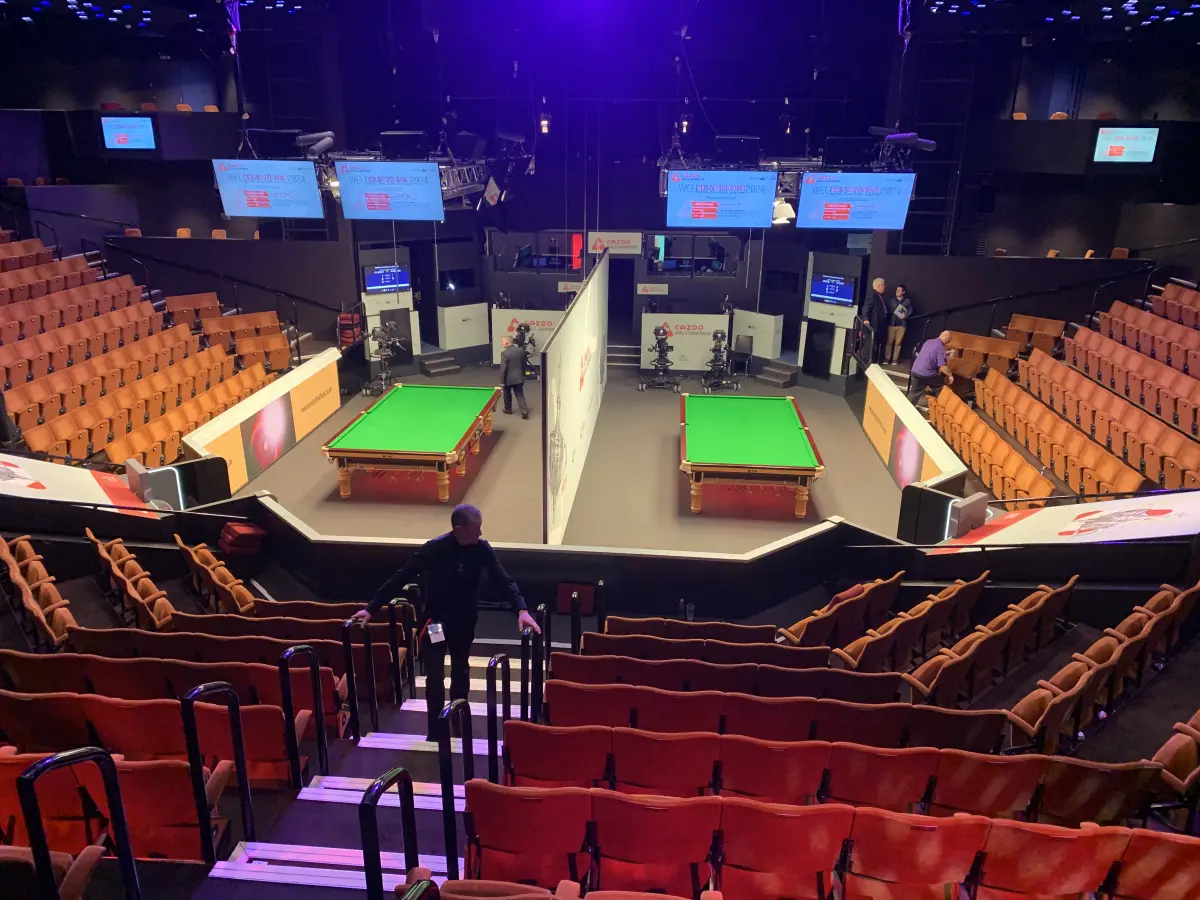The Crucible arena during the 2024 World Snooker Championship; archive photograph