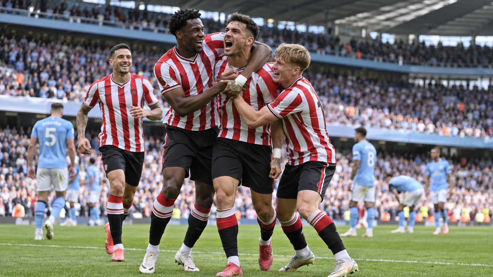 Sunderland players celebrating a goal against Manchester City