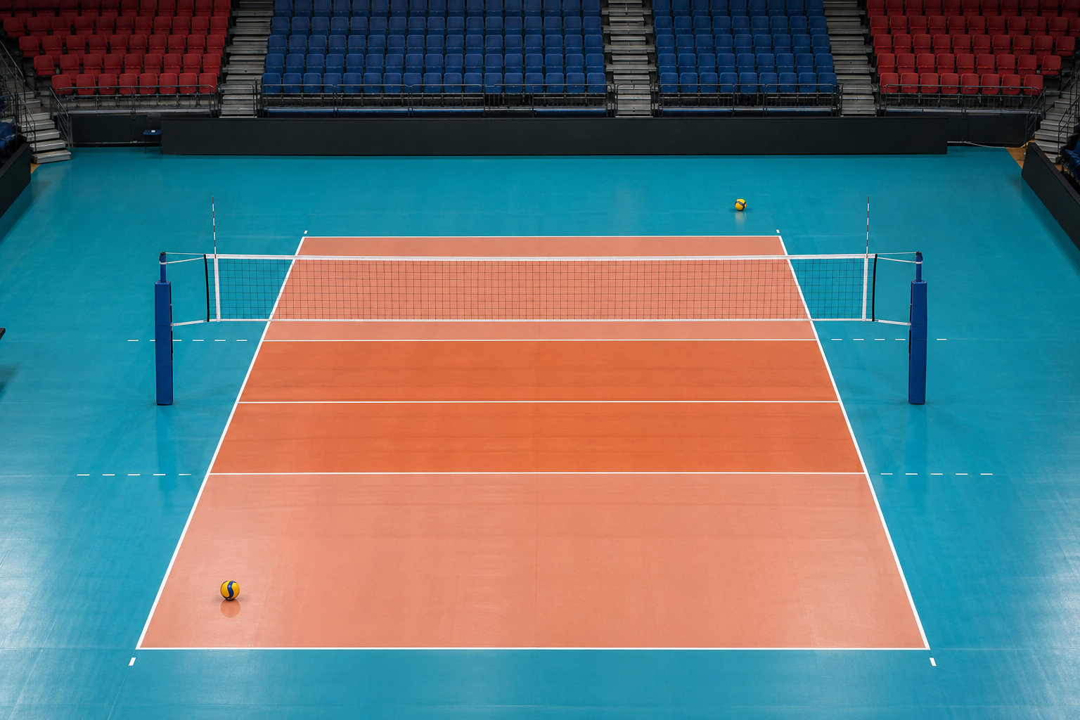 AI-generated editorial illustration of an indoor volleyball court seen from above; not an actual 2027 venue