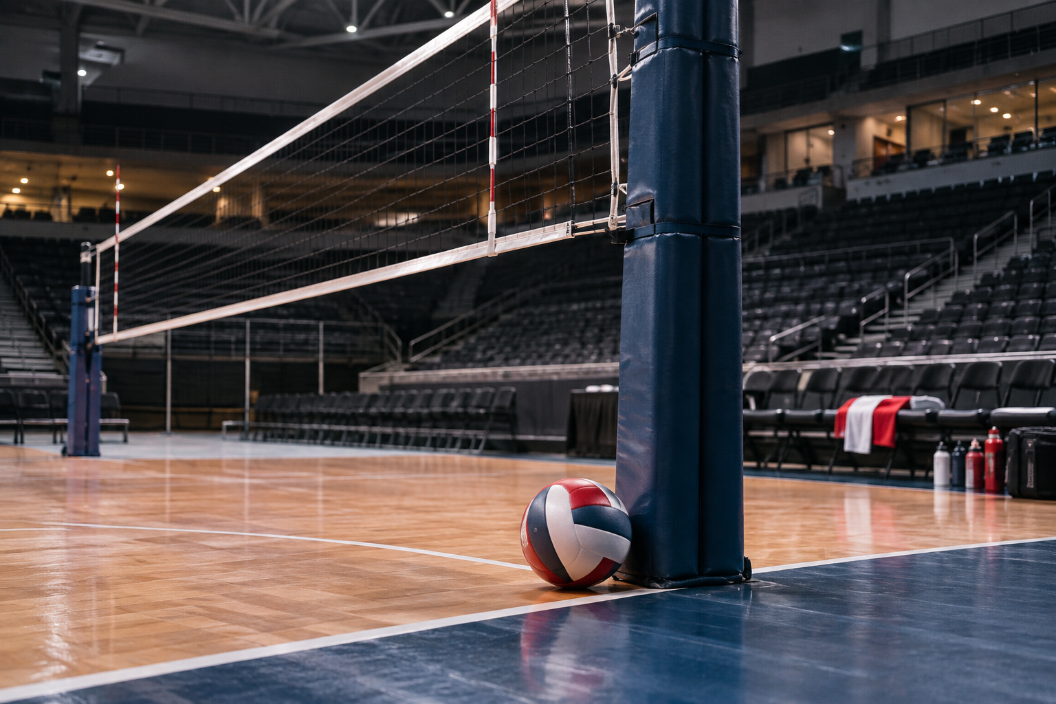 AI-generated editorial illustration of a volleyball net and ball in an empty arena; not an actual 2027 venue