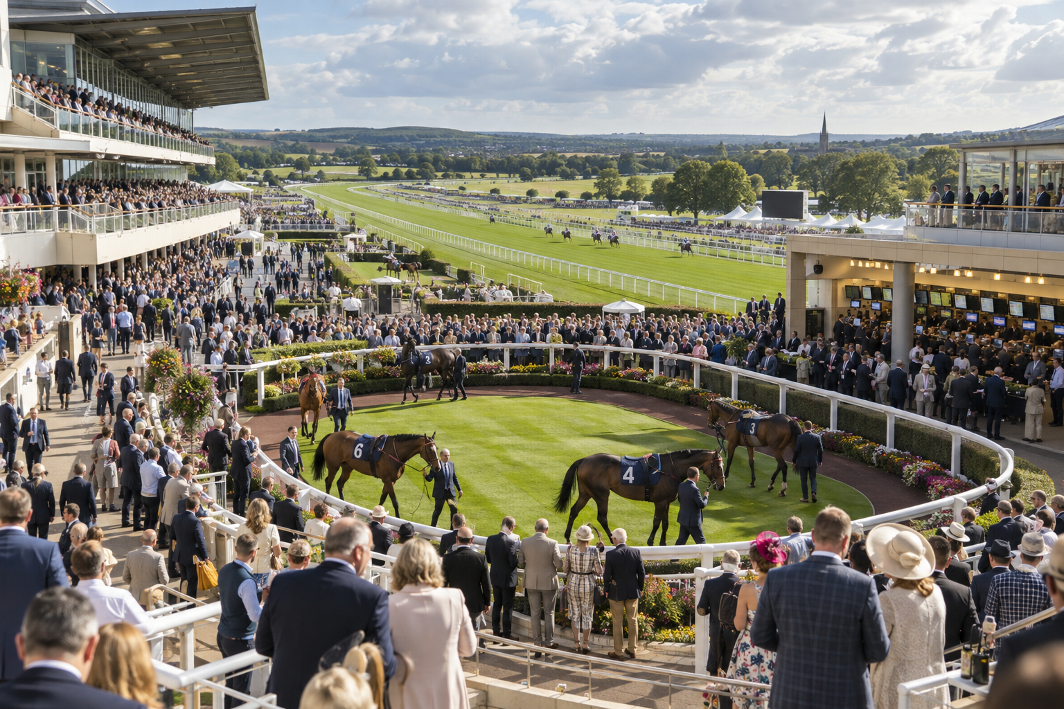 AI-generated editorial illustration of a busy British racecourse; not a documented event