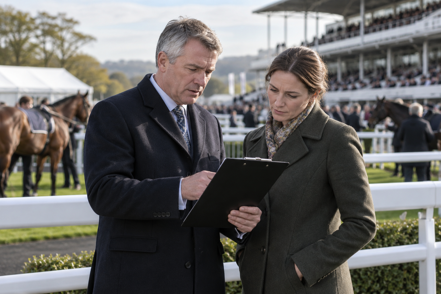 AI-generated editorial illustration of anonymous racing officials reviewing a document; not an actual BHA meeting