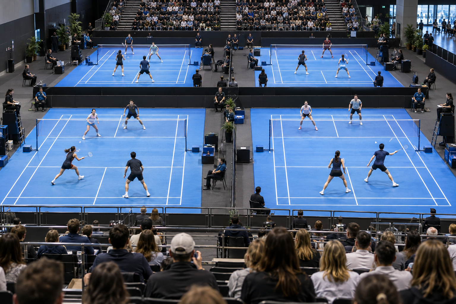 AI-generated editorial illustration of an indoor badminton tournament; not the reported event