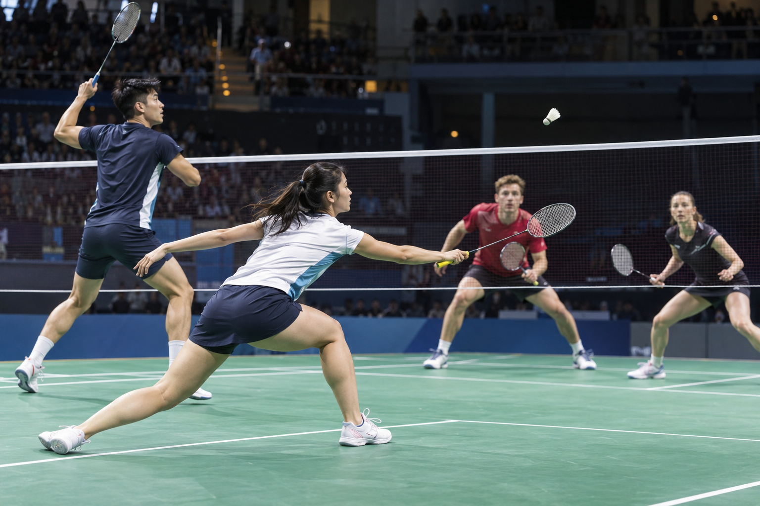 AI-generated editorial illustration of mixed-doubles badminton action; athletes are not the reported players