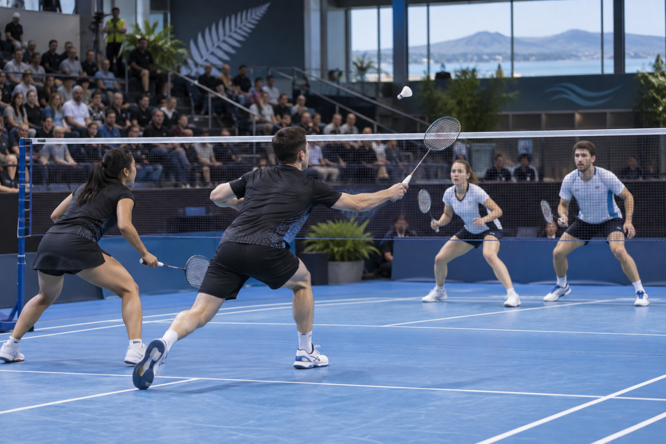 AI-generated editorial illustration of a mixed-doubles badminton match; not the reported North Harbour event
