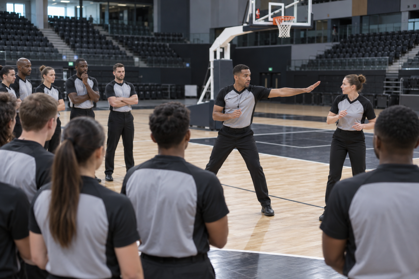 AI-generated editorial illustration of a basketball officiating workshop; not an actual Basketball England session