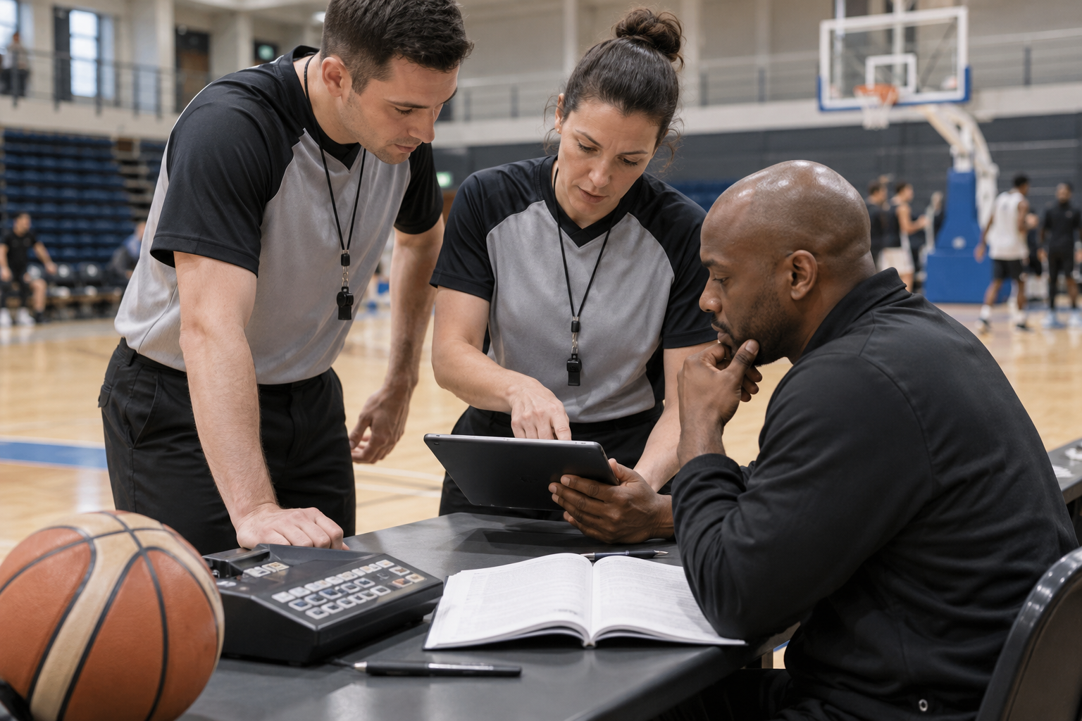 AI-generated editorial illustration of officials reviewing court equipment; not an actual Basketball England session
