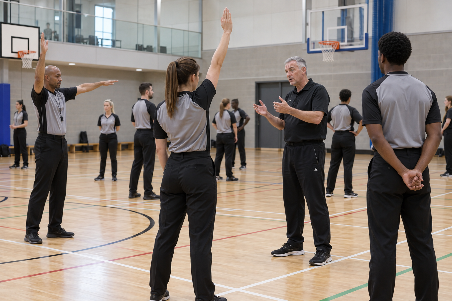 AI-generated editorial illustration of basketball referees practising signals; not an actual Basketball England session
