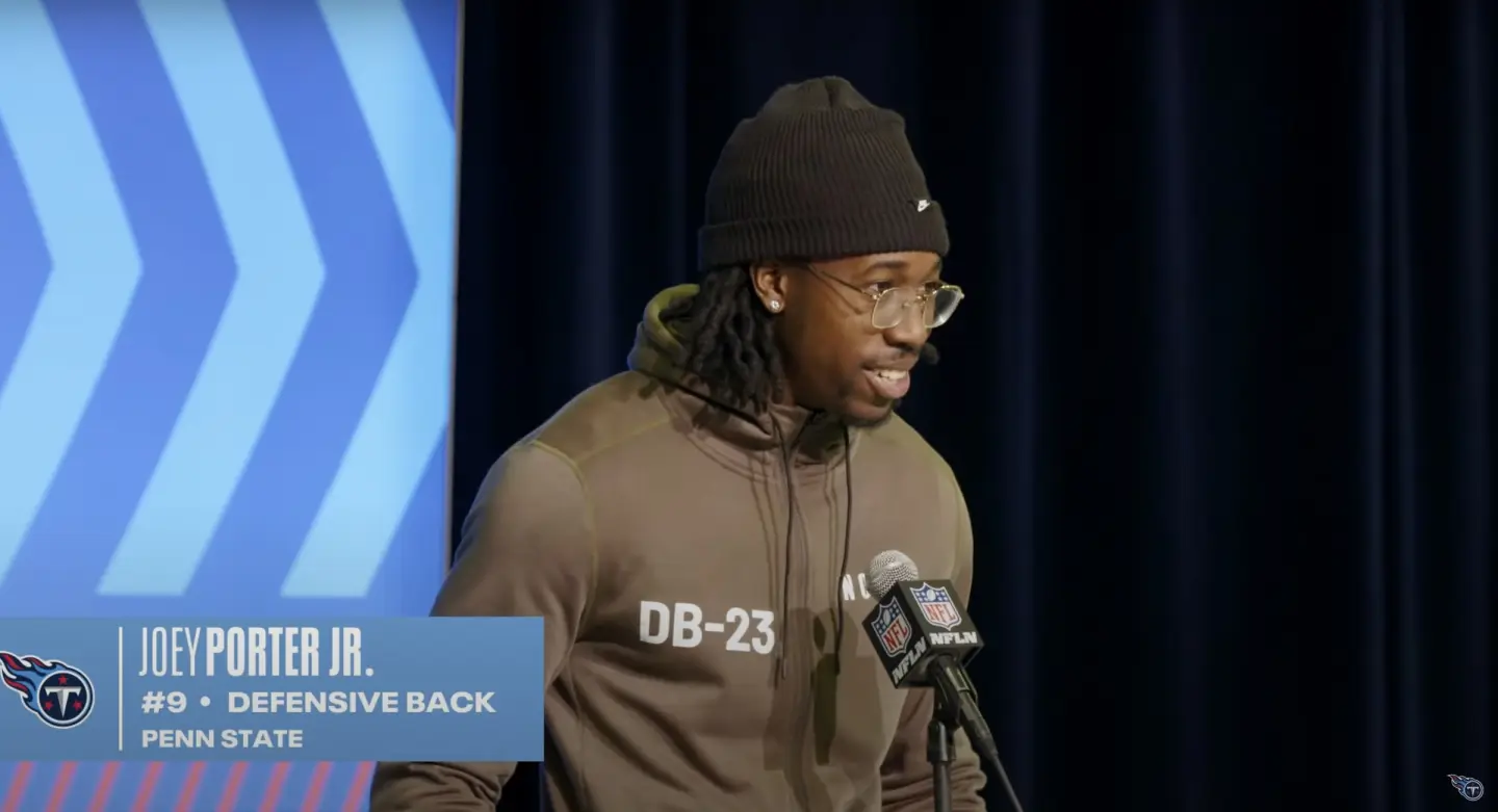 Joey Porter Jr. speaking at the NFL Combine