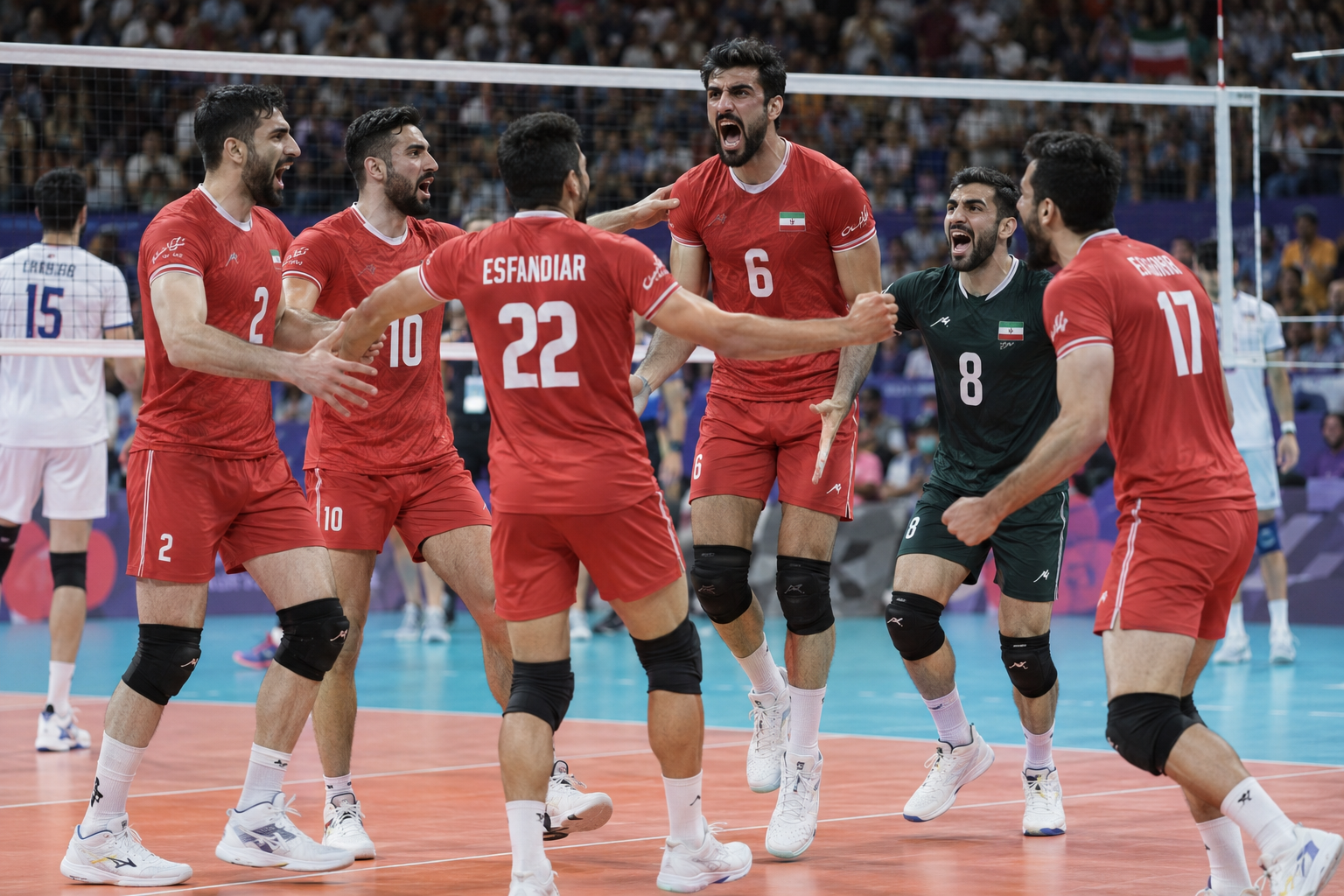 Iran players celebrating during an Asian Games volleyball match