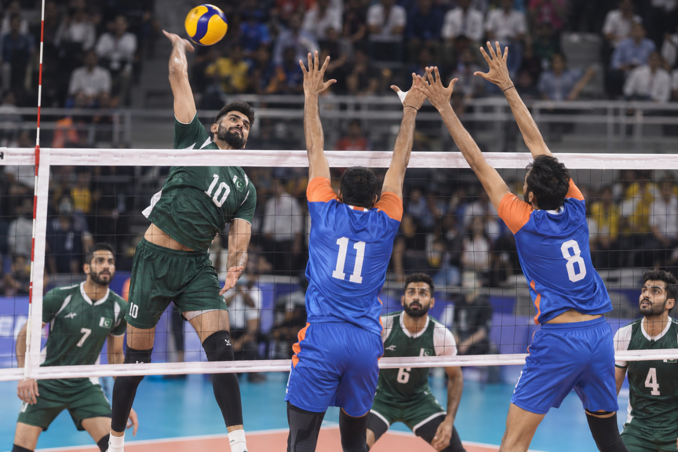 Pakistan attacking against India in an Asian Games volleyball match