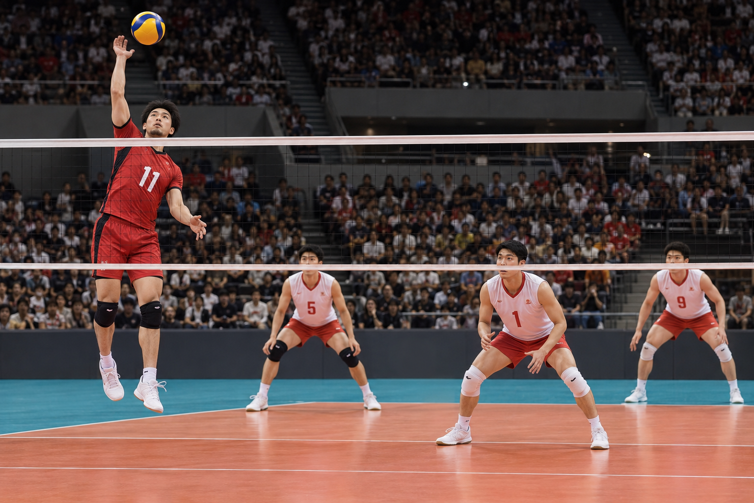 Japan serving against China in an Asian Games volleyball match