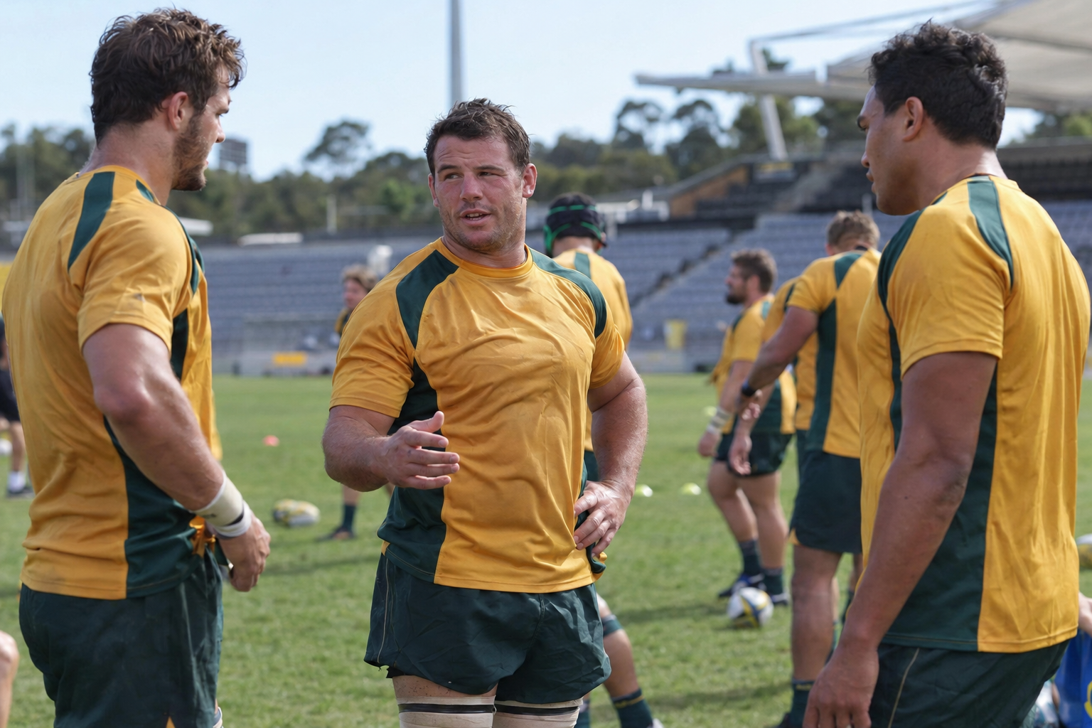 Nathan Charles speaking with teammates at an Australian rugby training session