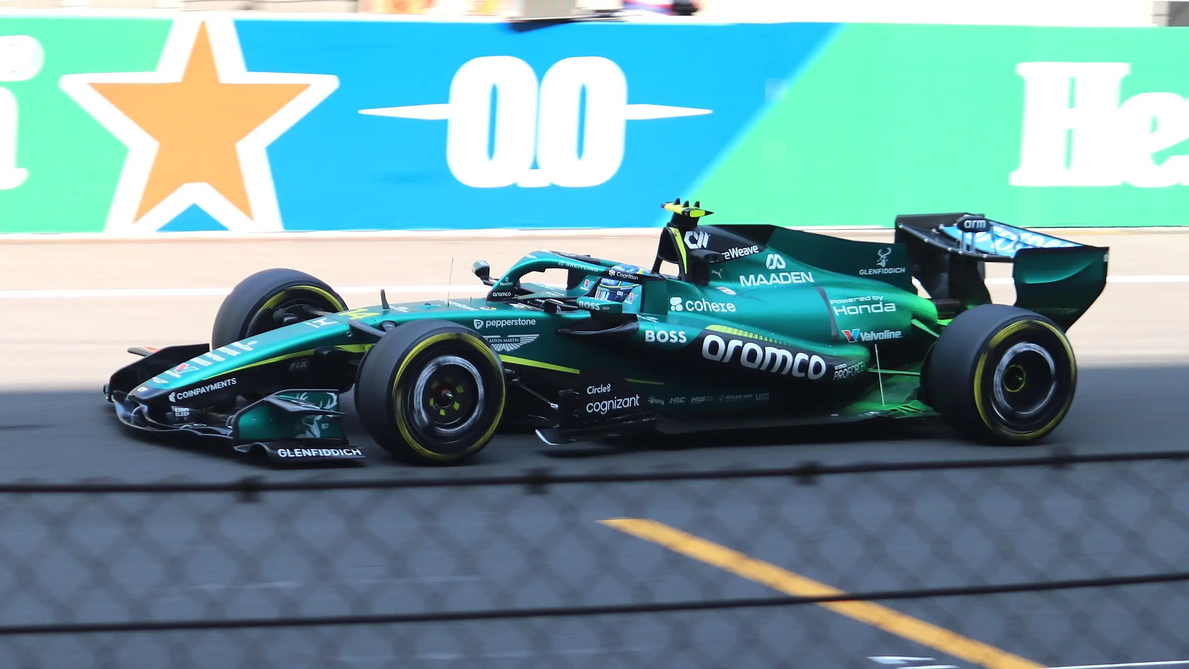 Fernando Alonso driving the Aston Martin during practice at the 2026 Chinese Grand Prix