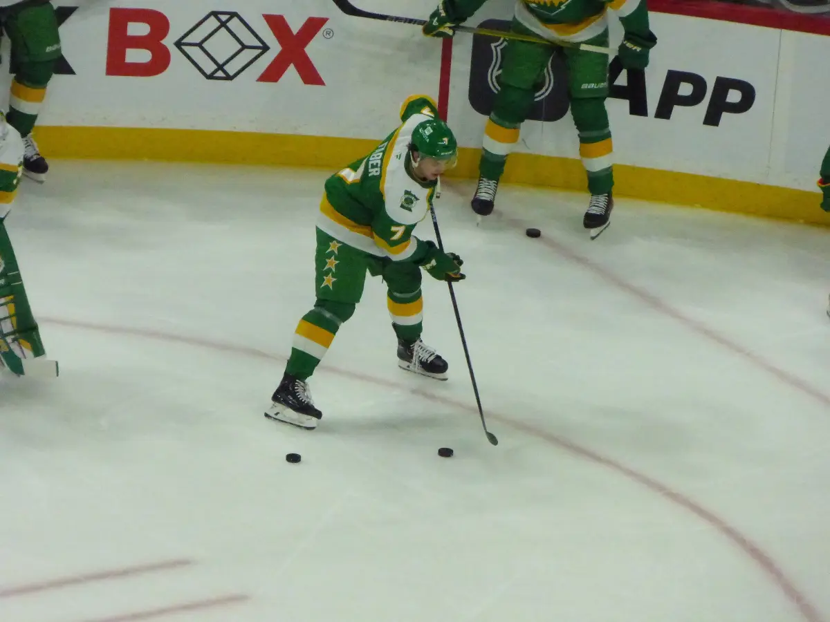 Brock Faber during pre-game warm-ups for the Minnesota Wild