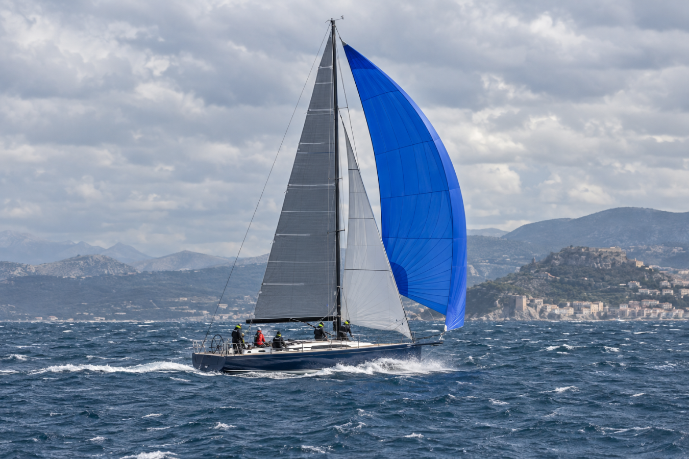 AI-generated editorial reconstruction of a 45-foot cruiser-racer broad-reaching in the Adriatic