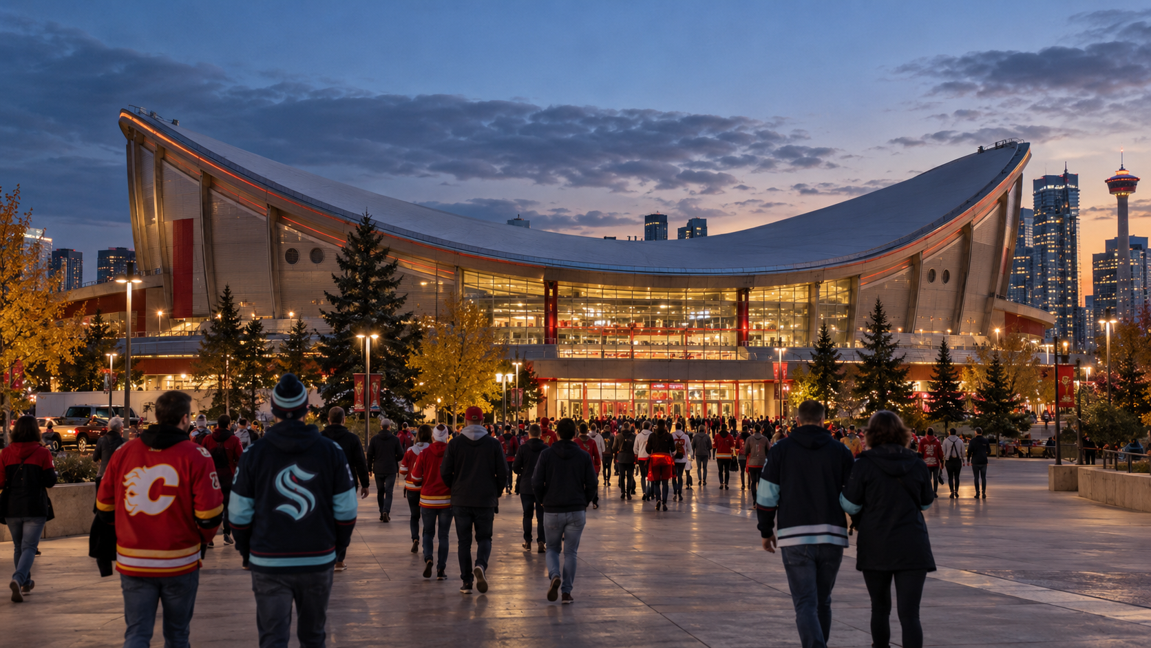 AI-generated editorial image of supporters arriving at Calgary's Saddledome
