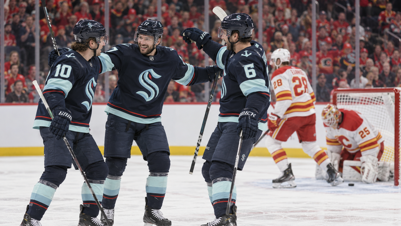 AI-generated editorial image of Seattle Kraken players celebrating against Calgary Flames