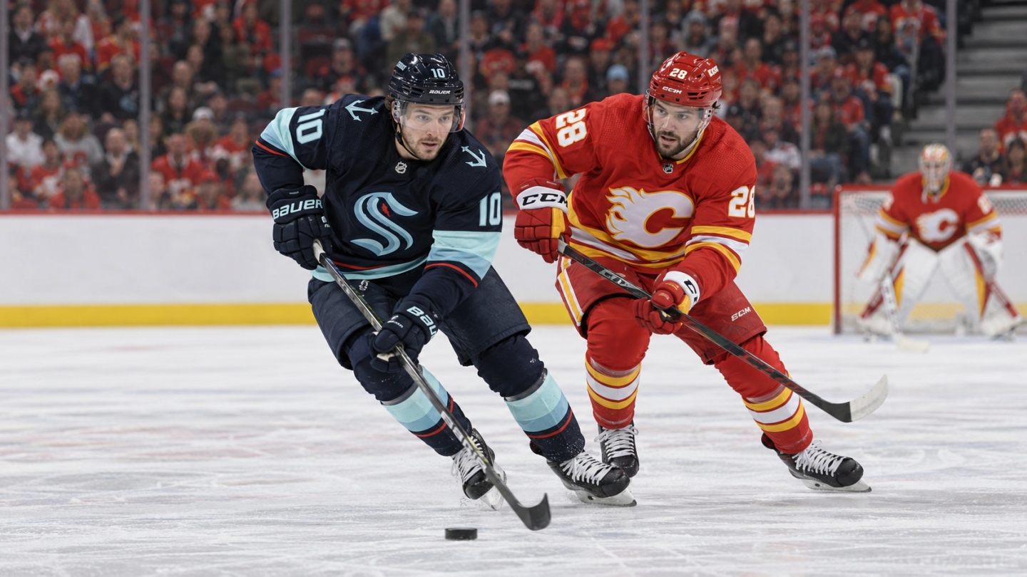 AI-generated editorial image of Seattle Kraken and Calgary Flames players contesting the puck