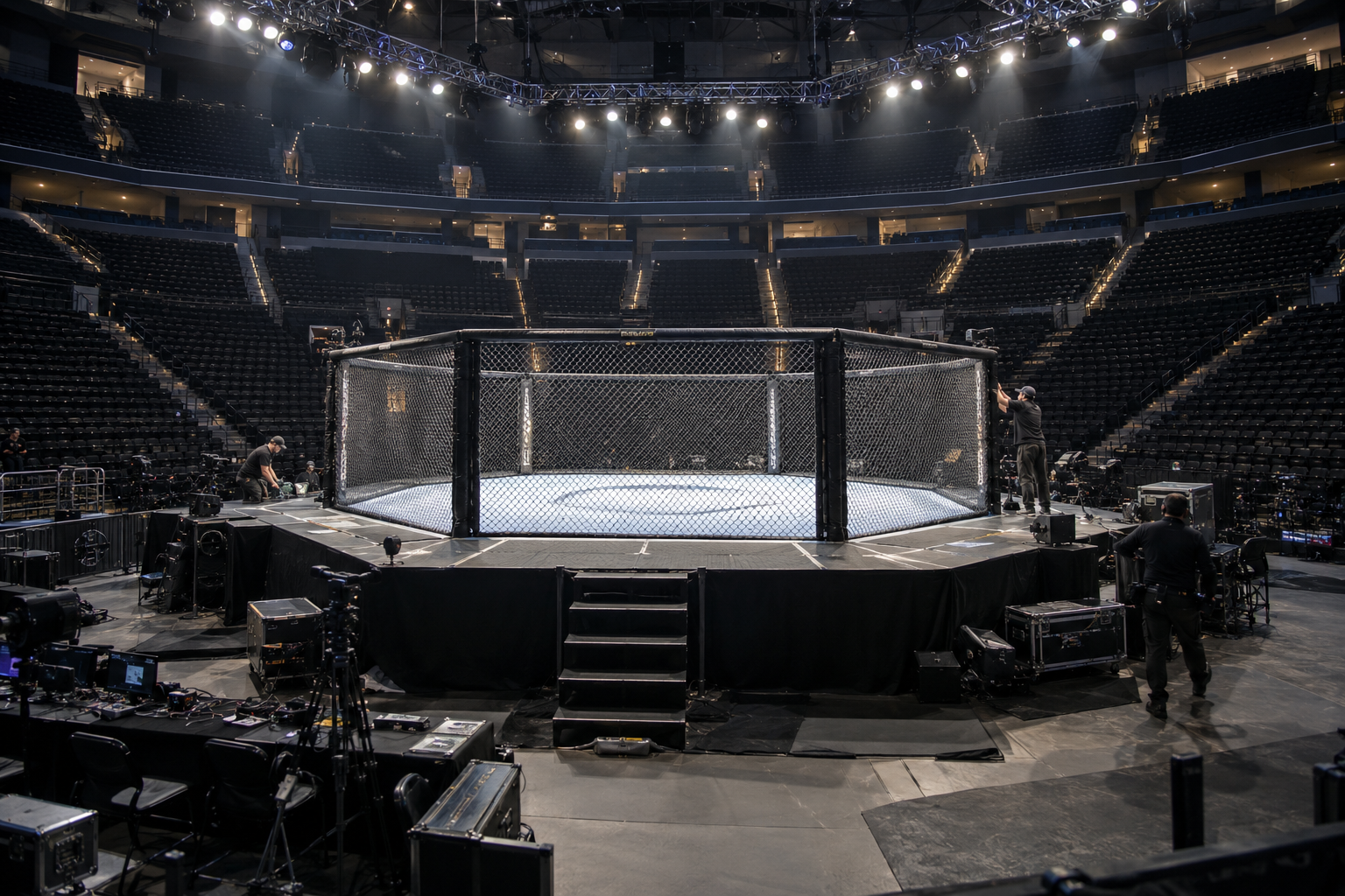 AI-generated editorial image of an MMA arena prepared for competition