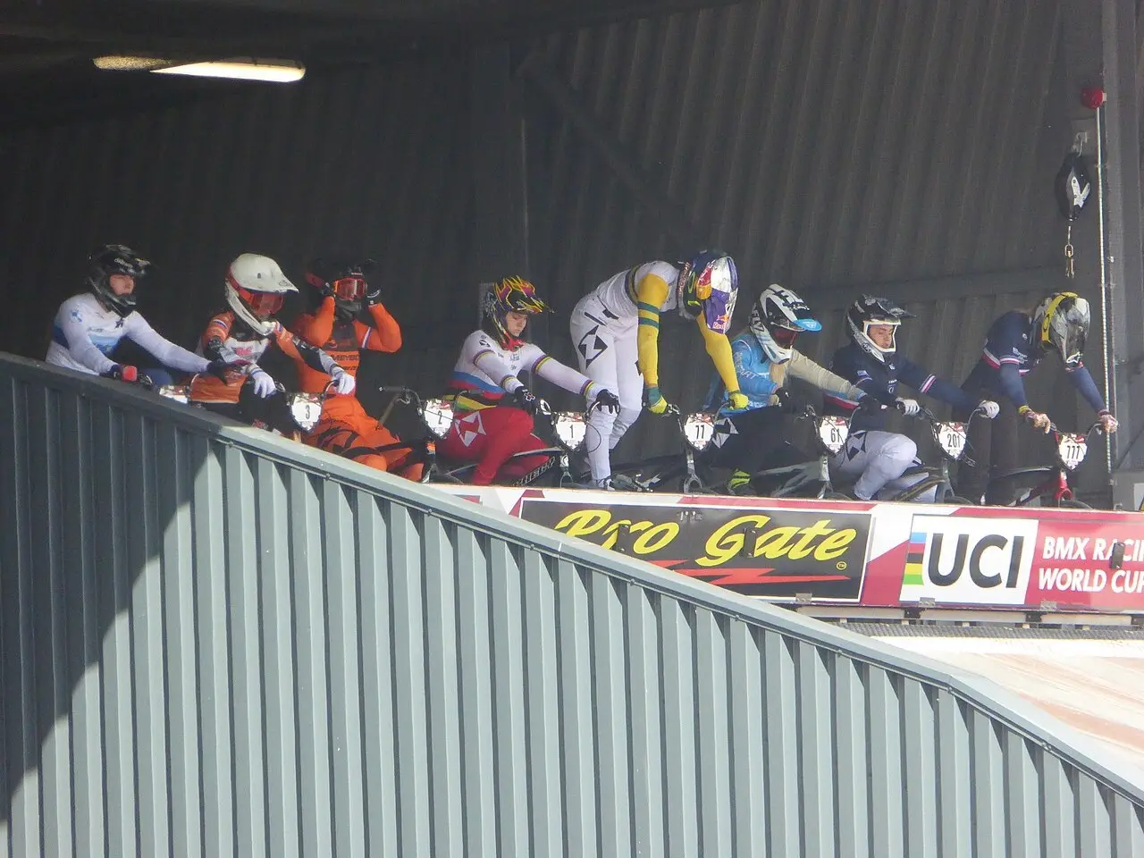 Elite women lining up for a UCI BMX World Cup final