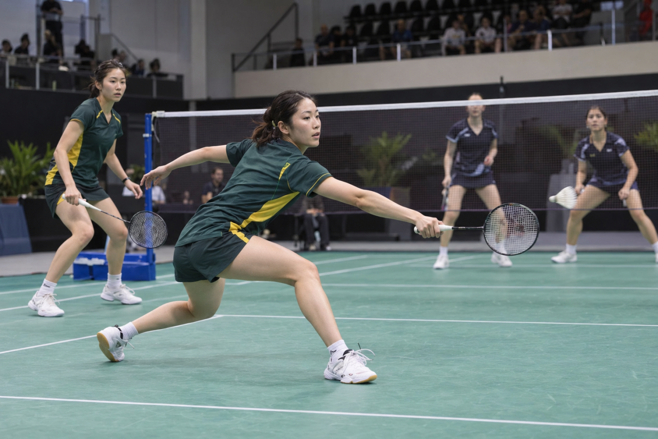AI-generated editorial reconstruction of Nozomi Shimizu in a women’s doubles rally