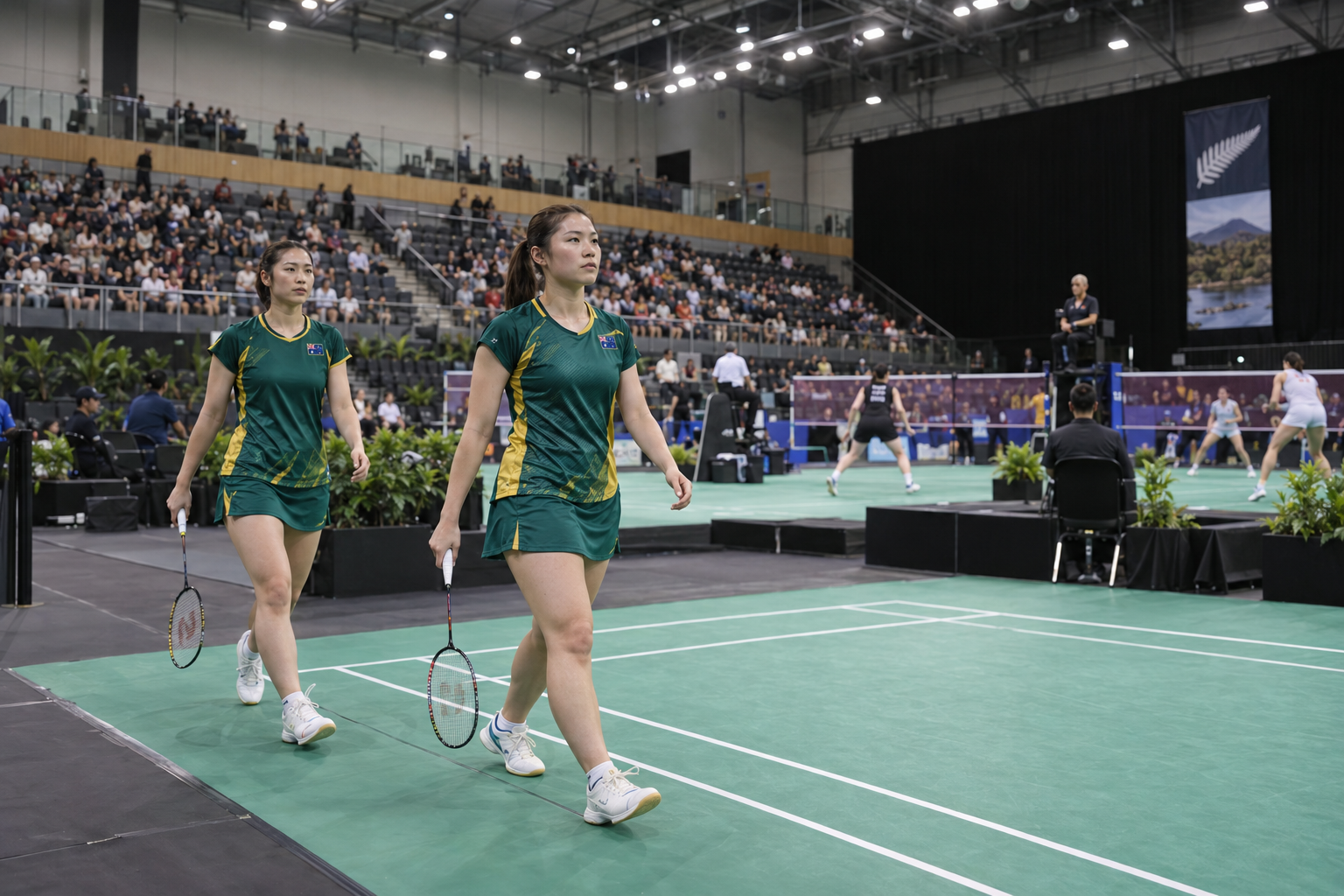 AI-generated editorial reconstruction of Nozomi Shimizu entering a North Harbour finals court