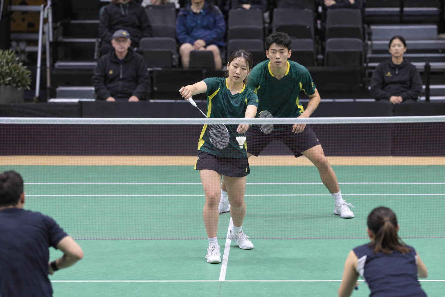AI-generated editorial reconstruction of Nozomi Shimizu serving in mixed doubles