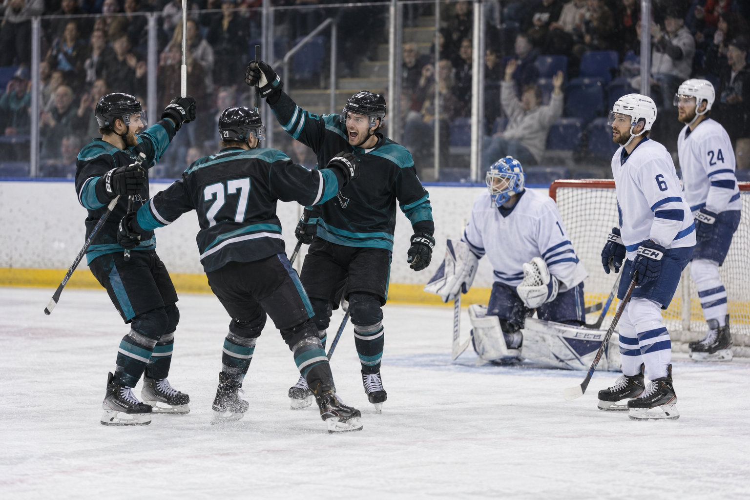 AI-generated editorial reconstruction of Belfast Giants celebrating against Dundee Stars