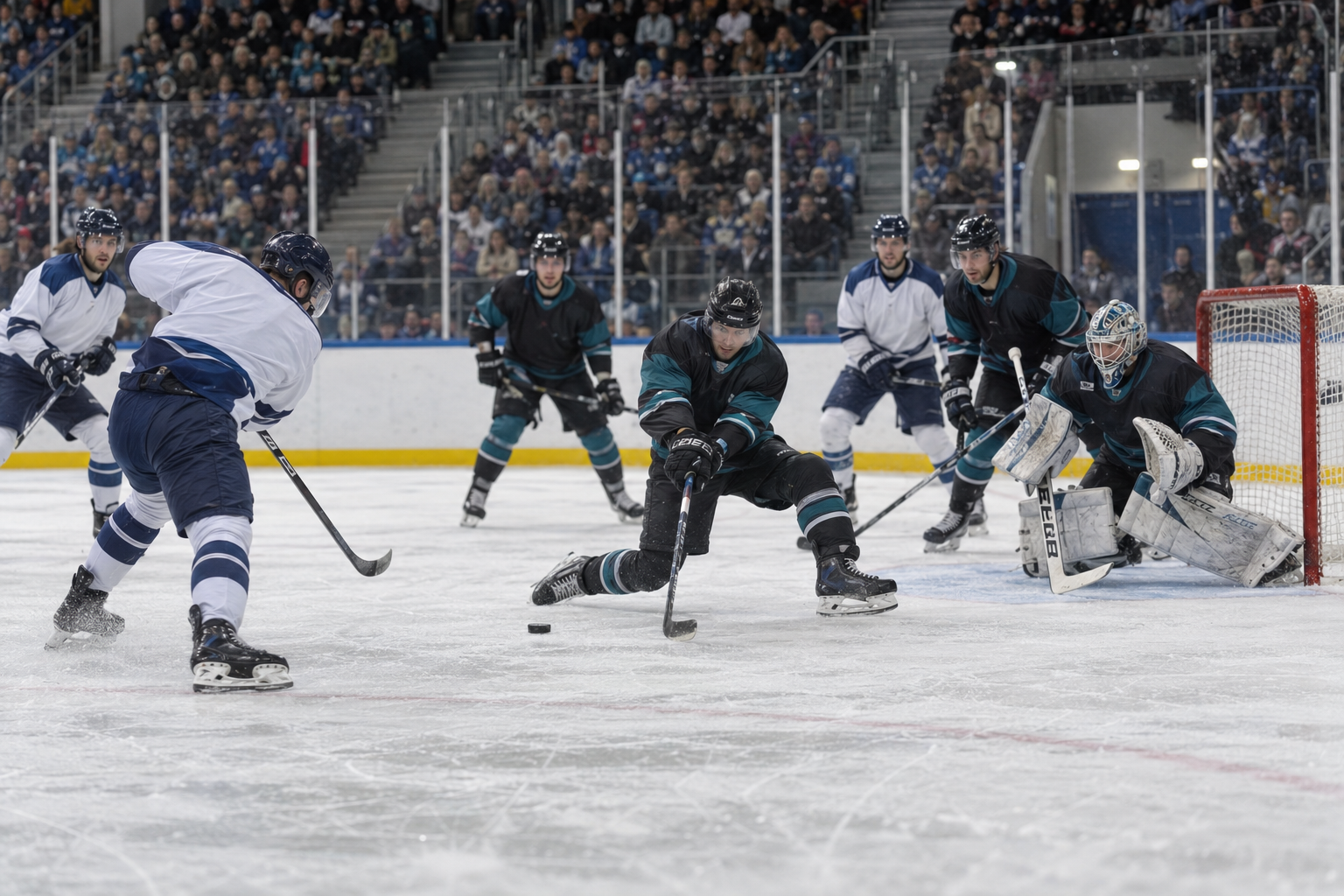 AI-generated editorial reconstruction of Belfast Giants defending against Dundee Stars