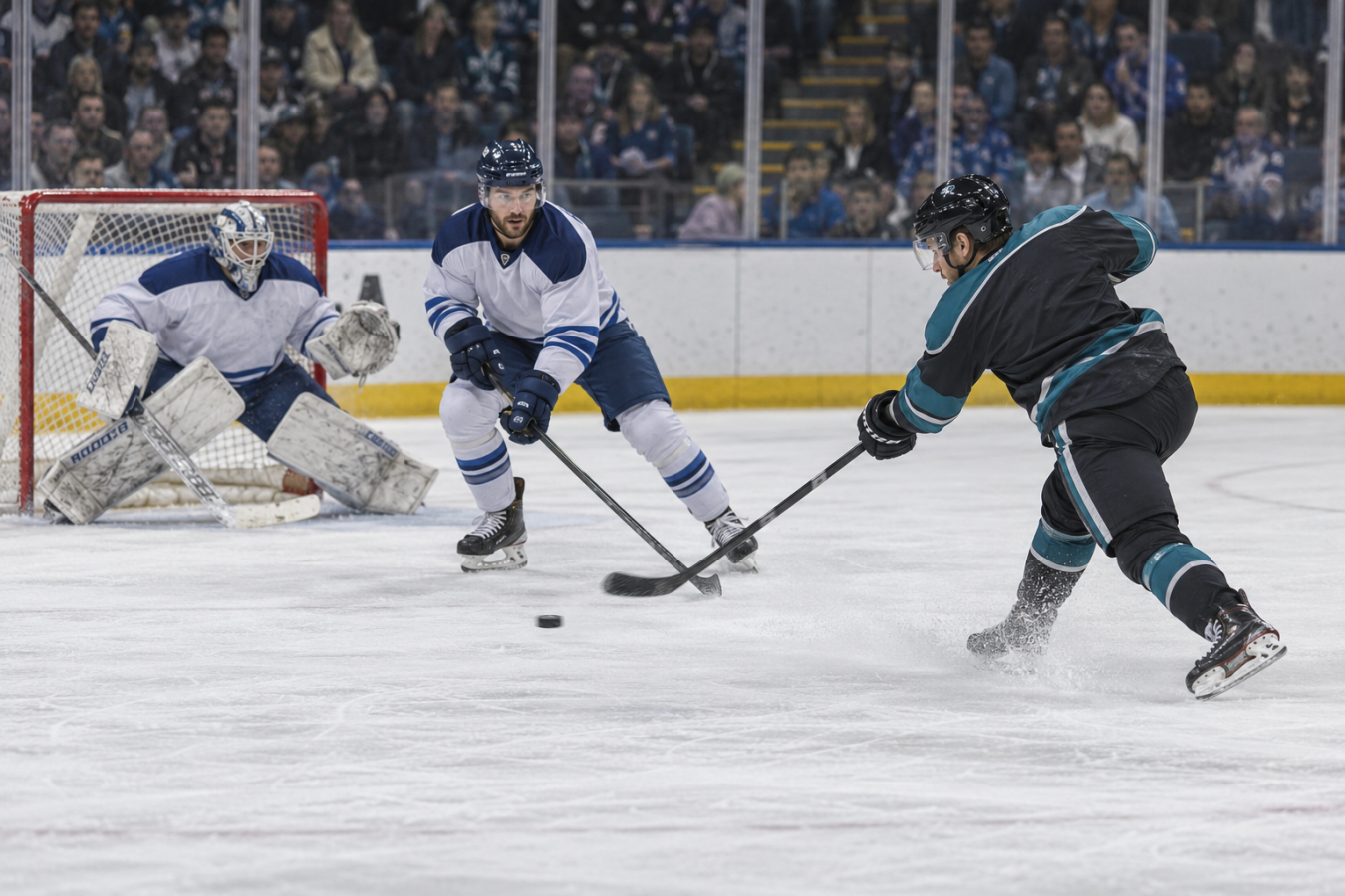 AI-generated editorial reconstruction of Belfast Giants attacking against Dundee Stars