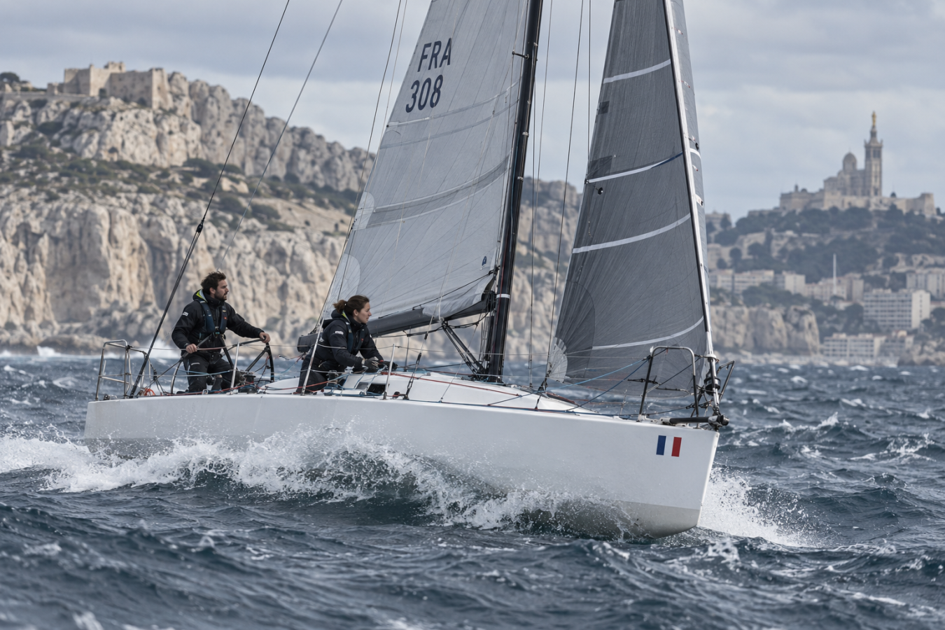 AI-generated editorial reconstruction of Thomas Andre and Colombe Julia racing off Marseille