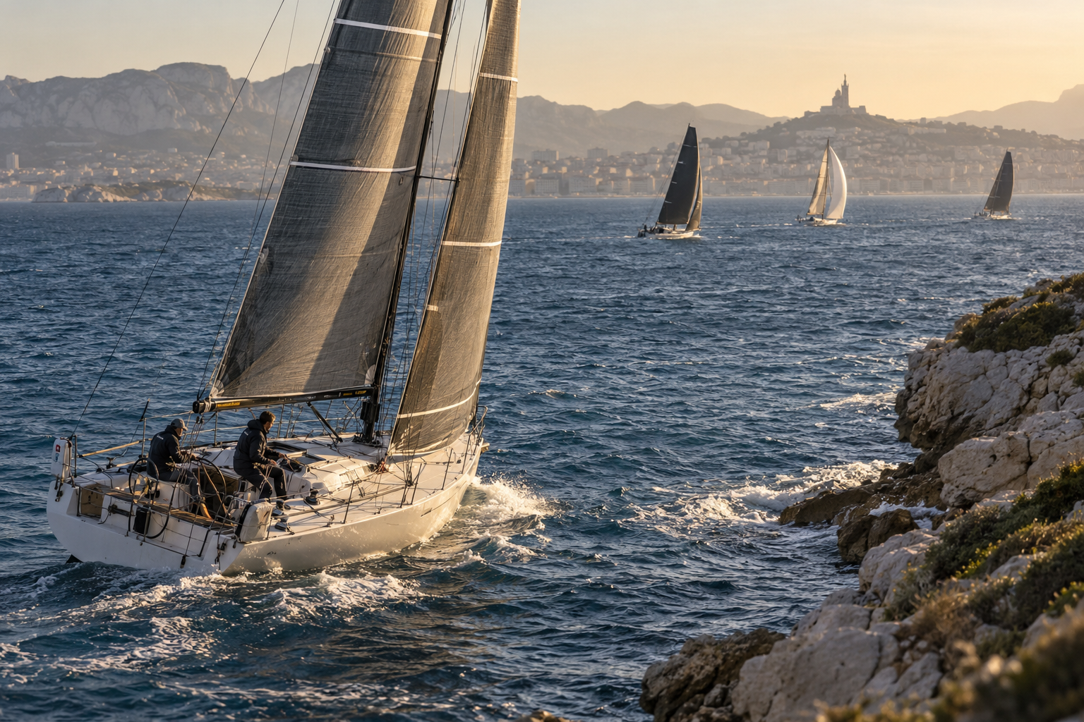 AI-generated editorial reconstruction of the offshore championship fleet near Marseille